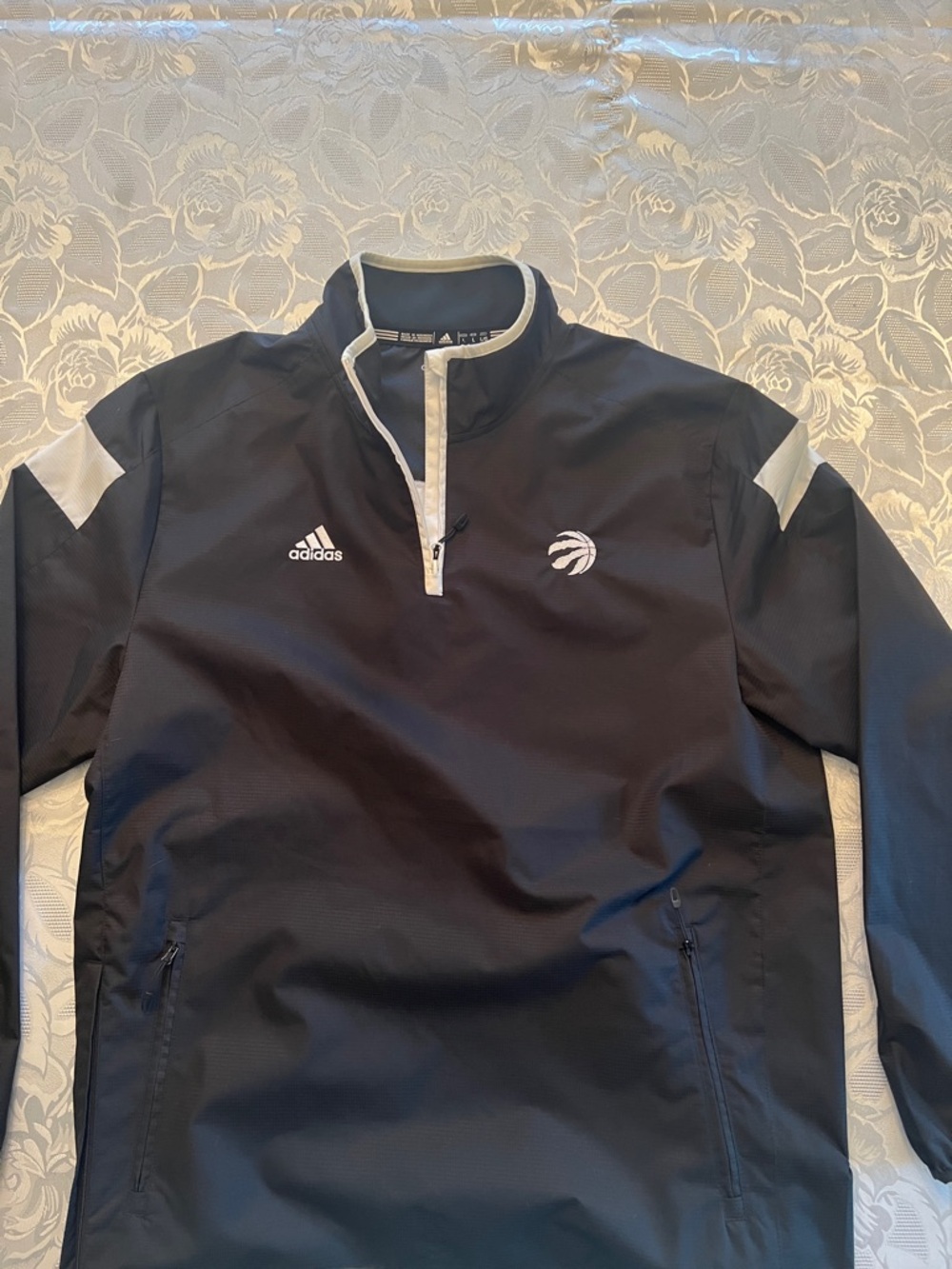 Adidas Black Pullover Jacket with White Trim and Raptors Logo Legacy piece. 2015